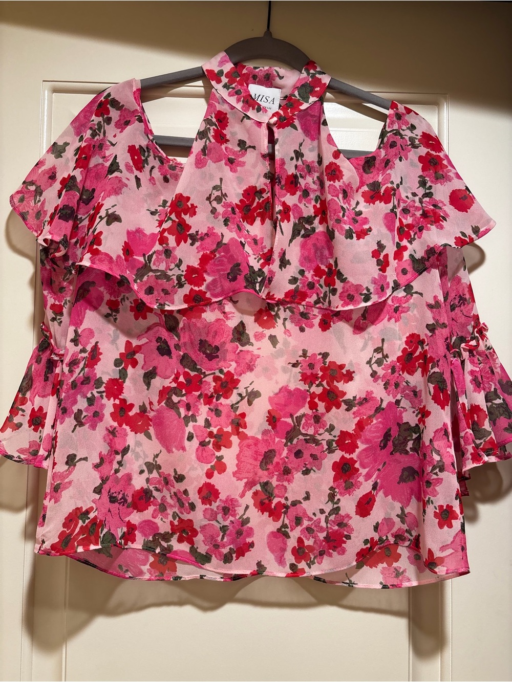 Misa Los Angeles Pink & Red Floral Cold-Shoulder Ruffle Blouse